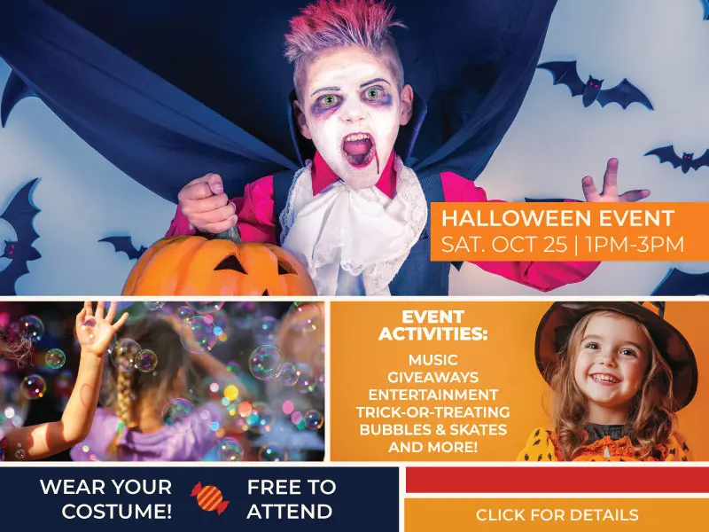Vacaville Commons Halloween Event 2025 graphic showing kids in costumes, event details for Saturday, October 25, 1–3 PM, and highlights like trick-or-treating, music, and bubbles.