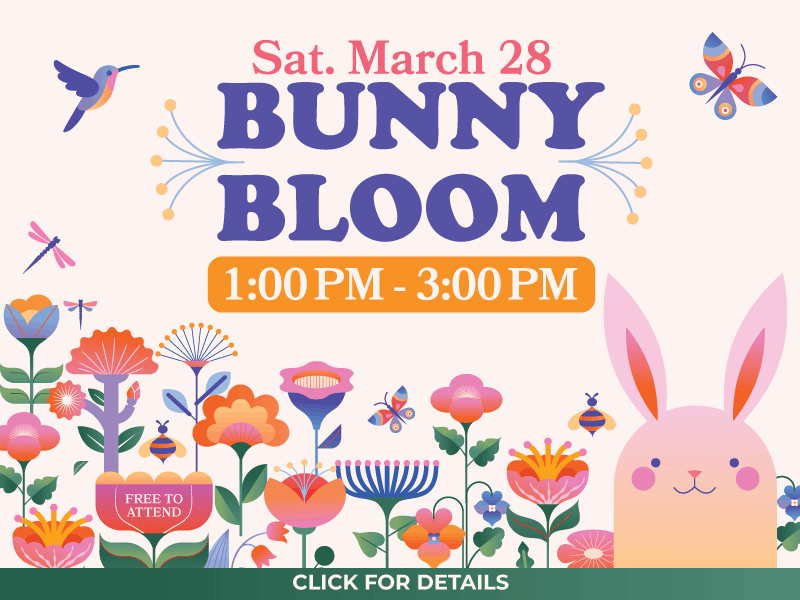Bunny Bloom event banner, event starts on Saturday March 28, from 1 pm to 3 pm