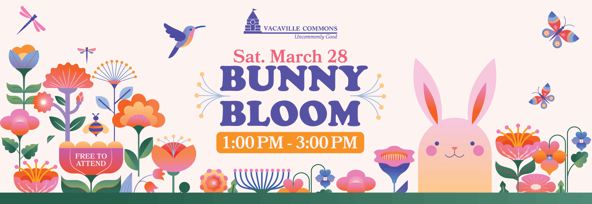 Bunny Bloom event banner, event starts on Saturday March 28, from 1 pm to 3 pm
